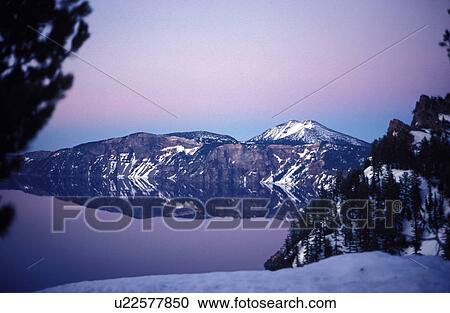 Stock Image - mountains, lake, reflections, dusk, crater, crateor. Fotosearch