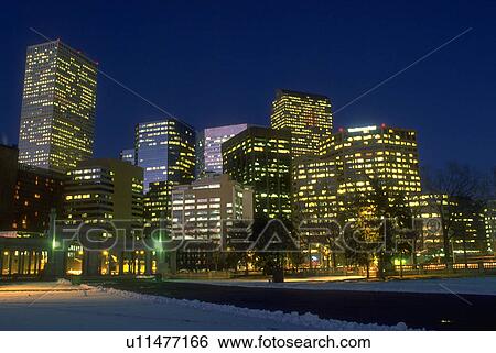 Stock Photograph - nightfall, skyline, dusk, denver, night, city. Fotosearch