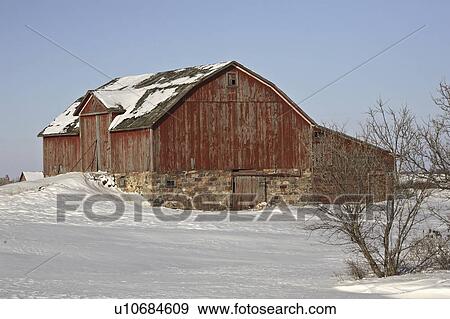 Stock Photo - red, winter, barn, old. Fotosearch