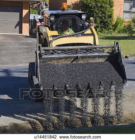 Stock Image - repair, filling, road, side, hole, bobcat. Fotosearch