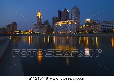 Stock Photo - river, skyline, city, ohio, night, columbus. Fotosearch