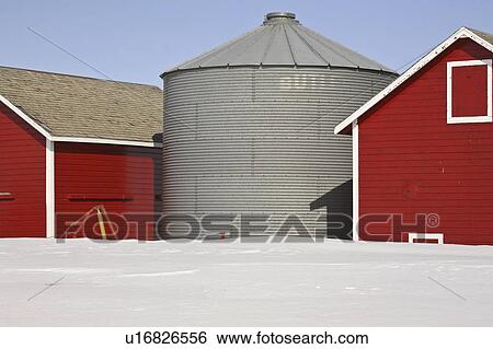 Stock Photograph - scenic, bins, field, covered, snow, grain. Fotosearch