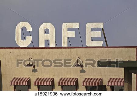 Stock Photograph - scenic, gas, rouleau, sign, café, corner. Fotosearch