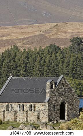 Stock Photo - scenic, lake, island, south, tekapo, church. Fotosearch