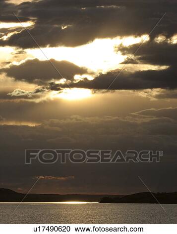 Stock Image - setting, lake, pound, buffalo, sun. Fotosearch