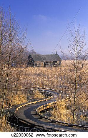 Stock Image - spencer, through, barn, old, wetlands, walkway. Fotosearch