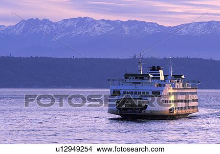 Picture - sunset, background, washington, wa, ferry, transportation. Fotosearch