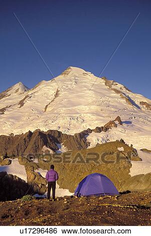 Stock Photograph - tent, released, washington, cascades, sunrise, model. Fotosearch