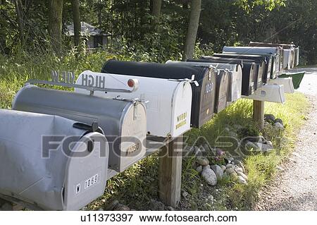 Stock Photo - usa, mailboxes, wisconsin, campbellsport, lake, rural. Fotosearch