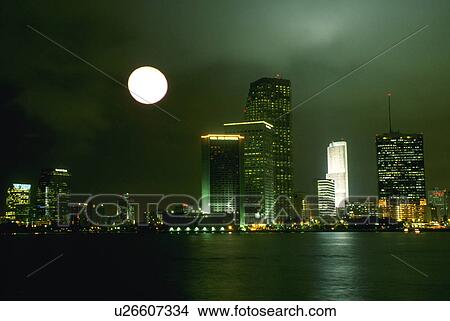Picture - view, miami, moon, full, night. Fotosearch