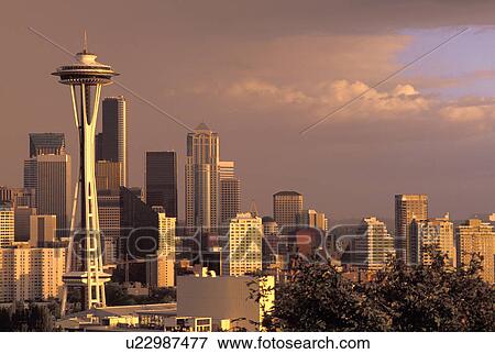 Stock Photo - washington, skyline, sunset, skies, stormy, seattle. Fotosearch