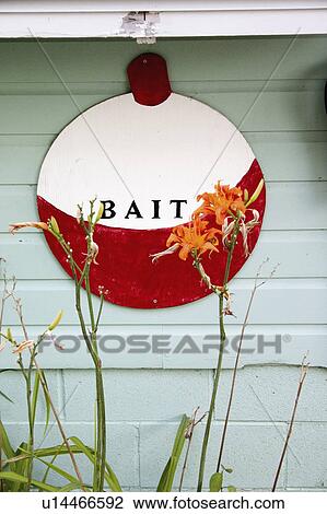 Stock Image - bait, decorated, advertising, bobber, fishing, boathouse. Fotosearch