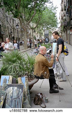 Stock Photo - barcelona, paints, sale, paintings, displays, artist. Fotosearch