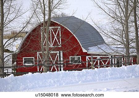 Stock Photo - barn, farm, winter, red. Fotosearch