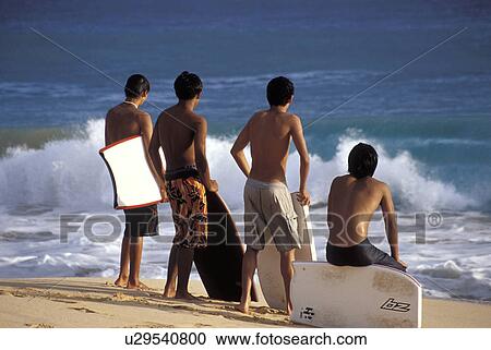Stock Image - beach, boarders, makena, waves, watching, boogie. Fotosearch