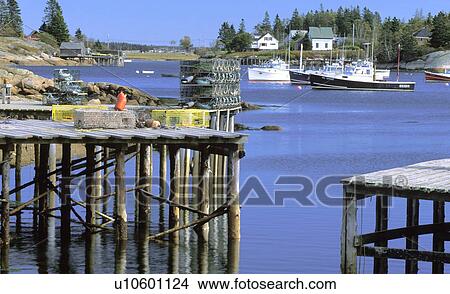 Picture - boating, village, boat, piers, hancock, harbor. Fotosearch