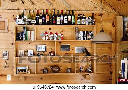 Picture - cabin, memorabilia, pine, knotty, shelved, collectables. Fotosearch