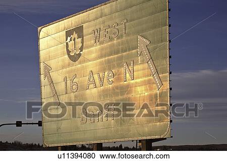 Stock Image - canada, road, alberta, banff, sign, sunlit. Fotosearch