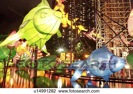 Stock Image - displayed, fish, pond, lanterns, flower, illuminated. Fotosearch