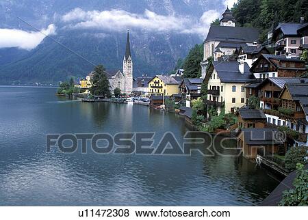 Stock Photo - europe, hallstatt, storm, mountain, austria, village. Fotosearch