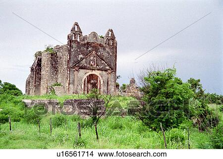 Picture - hispanic, ruins, mexico, campeche, church, stone. Fotosearch