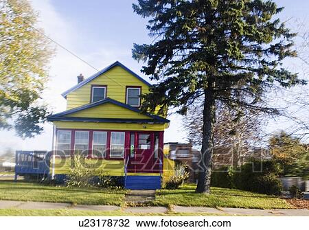 Stock Image - house, view, yellow, lime, arty, drive. Fotosearch