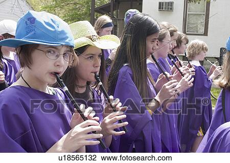 Stock Image - marching, teens, recorder, 13, age, young. Fotosearch