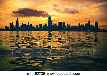 michigan, chicago, lake, sunset, skyine, city View Large Photo Image Stock Photo - michigan, chicago, lake, sunset, skyine, city. Fotosearch