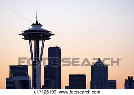 Stock Photo - morning, space, silhouetted, skyline, needle, seattle. Fotosearch