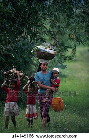 Stock Photograph - mother, carrying, head, firewood, baskets, family. Fotosearch