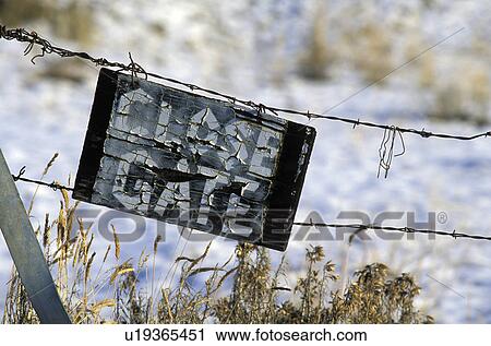 Stock Image - river, canyon, fence, signs, sign, wa. Fotosearch
