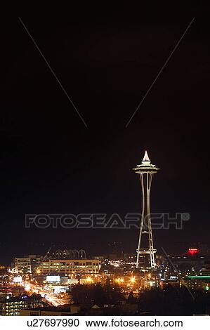 Stock Image - seattle, dark, puget, needle, skyline, center. Fotosearch