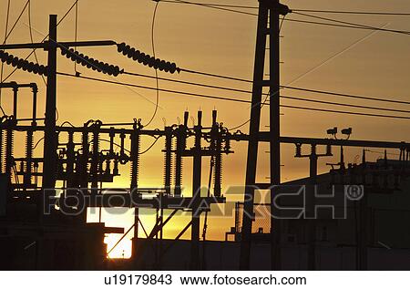 Stock Image - setting, station, electric, behind, sun. Fotosearch