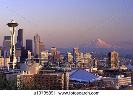 Stock Image - sunset, skyline, rainier, mt, mount, seattle. Fotosearch