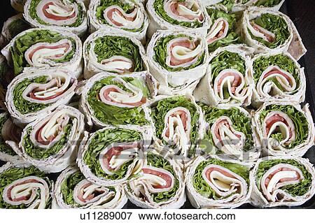 Stock Photo - tomatoes, rolled, lettuce, containing, sandwiches, tray. Fotosearch