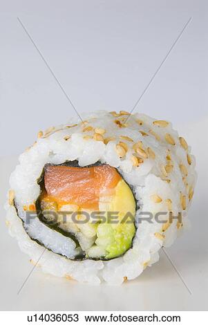 Stock Image - vegetable, makizushi, fish, rice, seaweed, one. Fotosearch