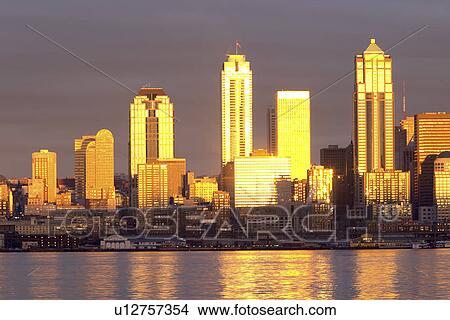 viewed, skyline, bay, elliot, reflecting, seattle View Large Photo Image Picture - viewed, skyline, bay, elliot, reflecting, seattle. Fotosearch