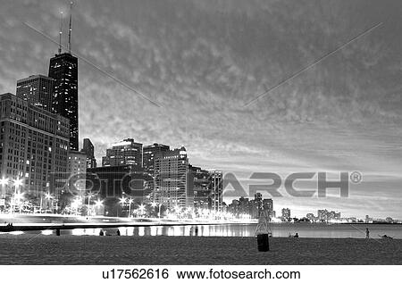 Stock Photograph - white, dusk, skyline, chicago, black. Fotosearch