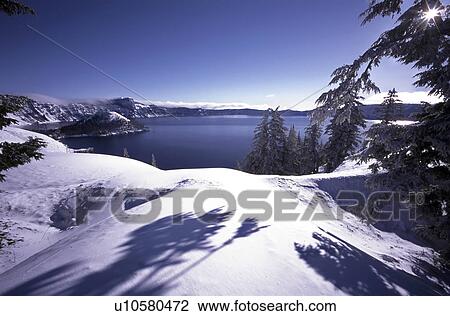 Stock Image - white, lake, oregon, park, national, crater. Fotosearch