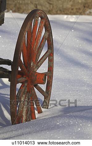 Stock Image - winter, red, snow, wheel, wagon, old. Fotosearch