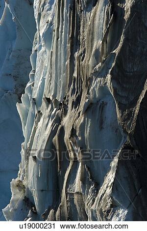 Stock Image - A detailed late evening view of the Negrebreen Glacier melting in the sunlight on Spitsbergen Island in the Svalbard Archipelago, Barents Sea, Norway.. Fotosearch