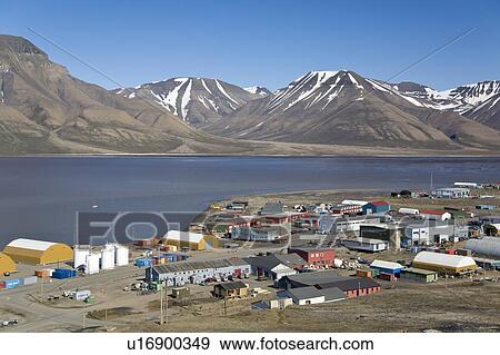 A view of the town of Longyearbyen on the west side of Spitsbergen Island in the Svalbard Archipelago in the Barents Sea, Norway. View Large Photo Image Stock Photo - A view of the town of Longyearbyen on the west side of Spitsbergen Island in the Svalbard Archipelago in the Barents Sea, Norway. . Fotosearch