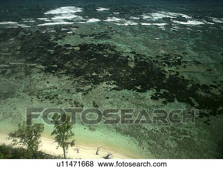 Stock Photo - Aerial picture of the coral reef surrounding Bird Island, to the north of the main archipelago. Bird Island, Seychelles, Indian Ocean. Fotosearch