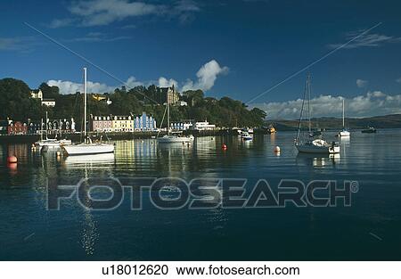 Stock Image - Boats on moorings, Tobermory Bay. Hebrides, Scotland. Fotosearch