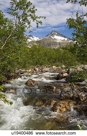 Stock Photograph - Mountain stream cutting through the tundra just north of Tromso, Norway.. Fotosearch