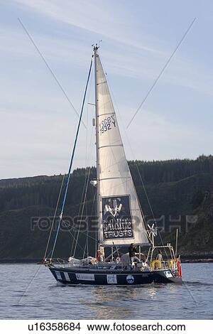 Picture - Research boat. Forever Changes is the research boat of the Wildlife Trusts engaged here in basking shark work. Hebrides, Scotland. Fotosearch