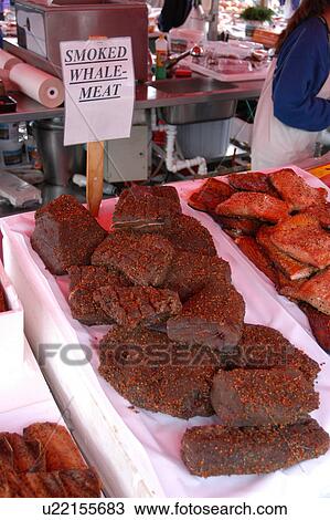 Stock Image - Smoked whale meat on sale in fish market, Bergen, Norway. Fotosearch
