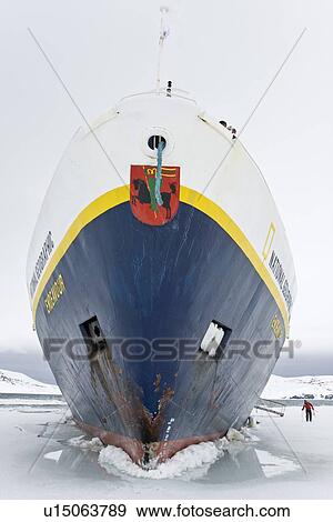 The Lindblad expedition ship National Geographic Endeavour stuck hard and fast in shore fast ice in Port Foster within Deception Island, Antarctica. View Large Photo Image Stock Photo - The Lindblad expedition ship National Geographic Endeavour stuck hard and fast in shore fast ice in Port Foster within Deception Island, Antarctica.. Fotosearch