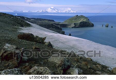 Stock Photography - View of Baily Head, and Livingston Island on the horizon. Whaler's Bay, Deception Island, Antarctic Peninsula, Antarctica. Fotosearch