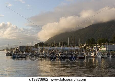 Stock Image - A view of the fishing harbour in downtown Sitka, Alaska. No property release.. Fotosearch